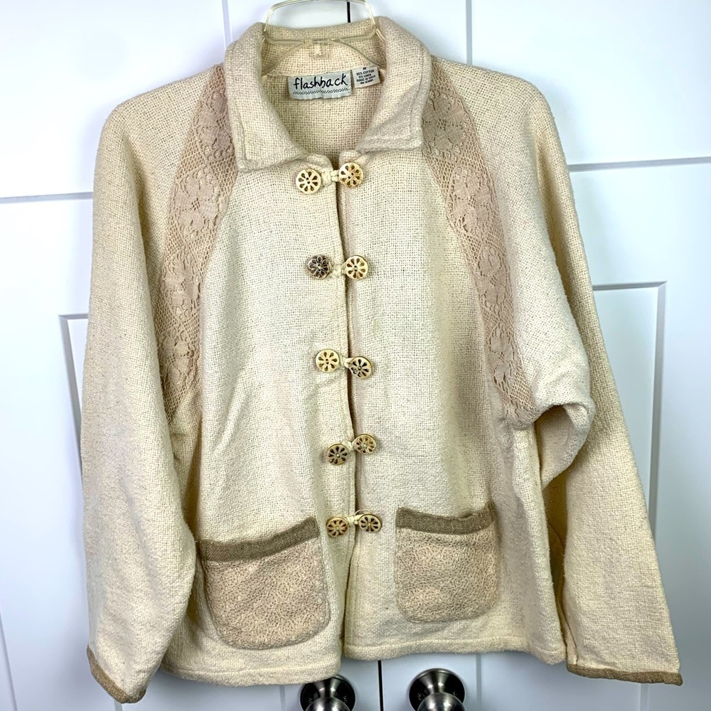Vintage MEDIUM Button Front Sweater Jacket Lace Art To Wear Cottagecore Granny